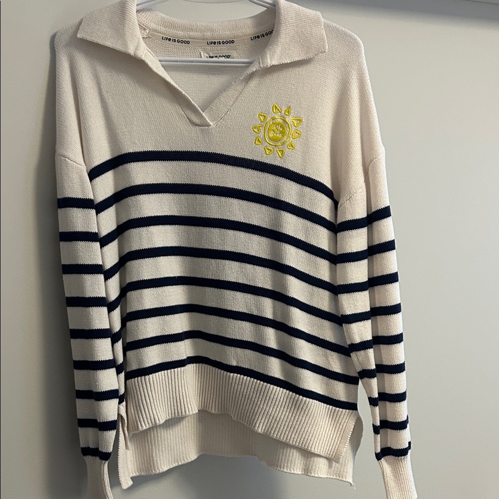 Life Is Good Cream and Navy Striped Sweater
